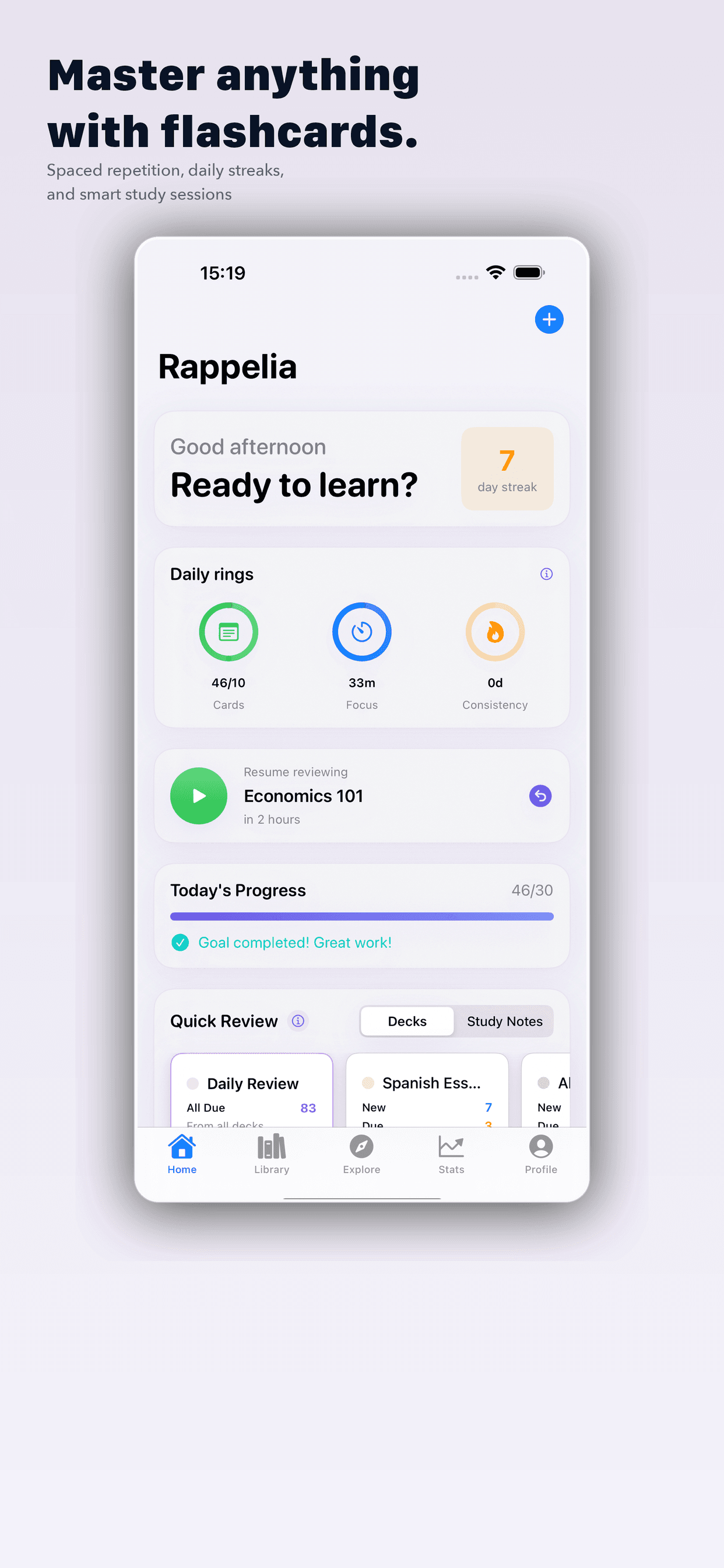 Rappelia home dashboard showing daily rings, study streak, and quick review decks