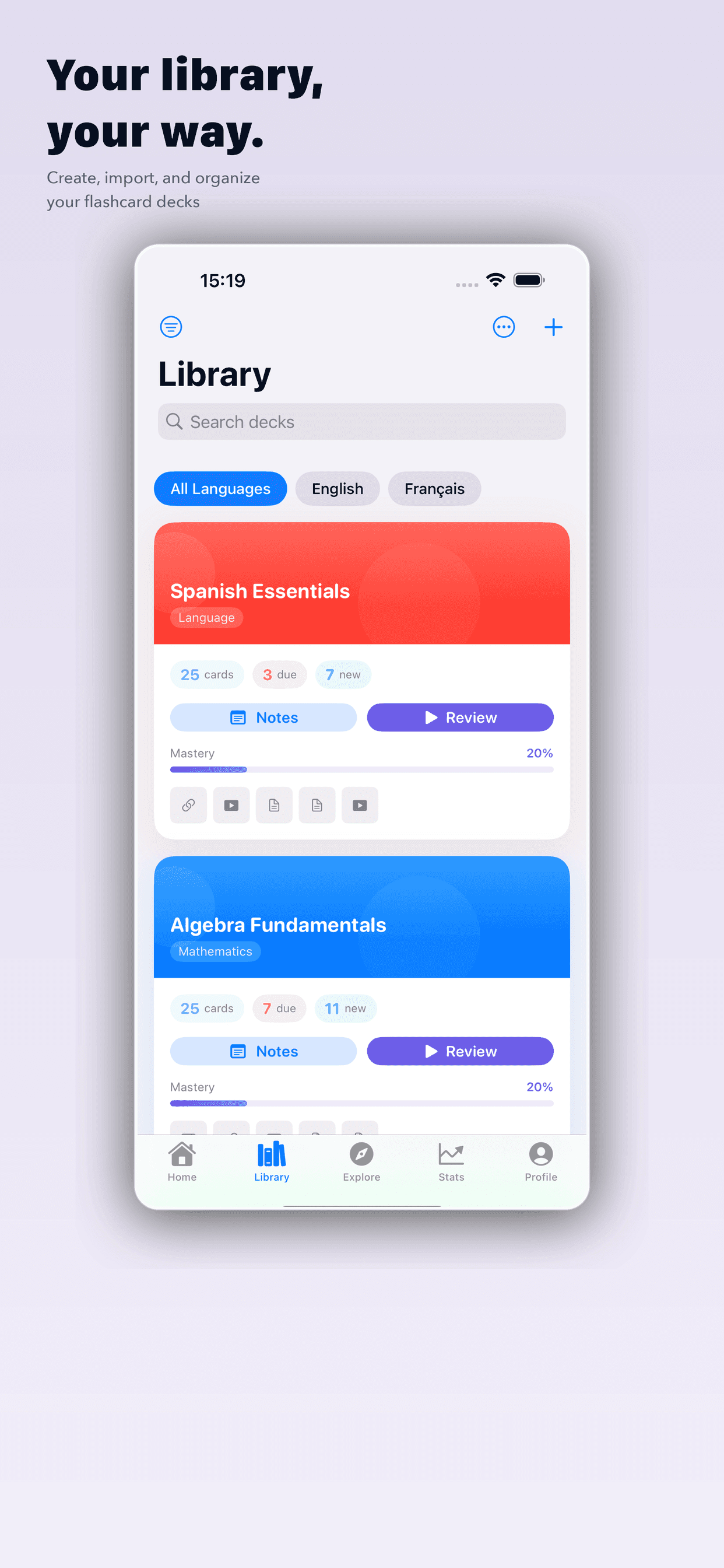 Rappelia library showing colorful flashcard decks with mastery progress
