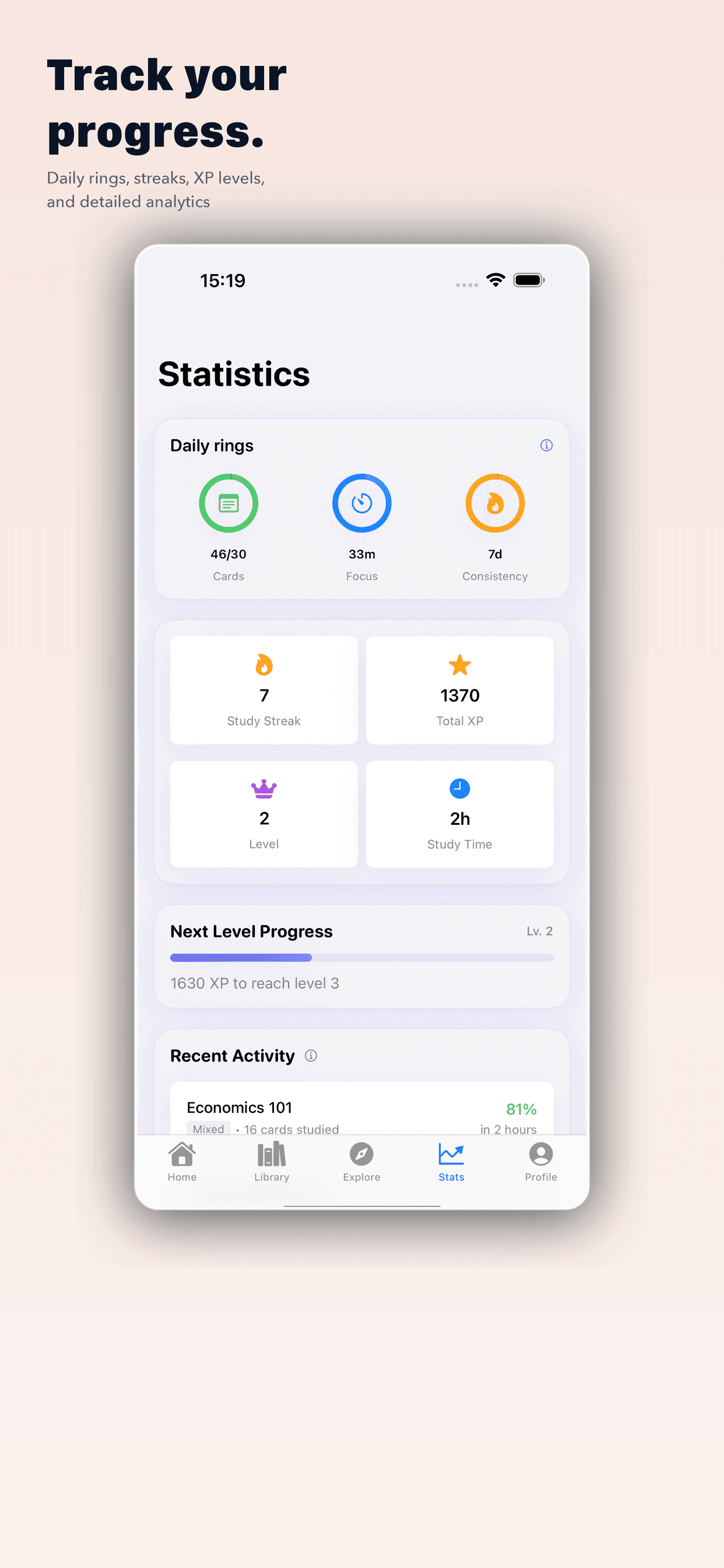 Rappelia statistics showing daily rings, XP, study streak, and level progress