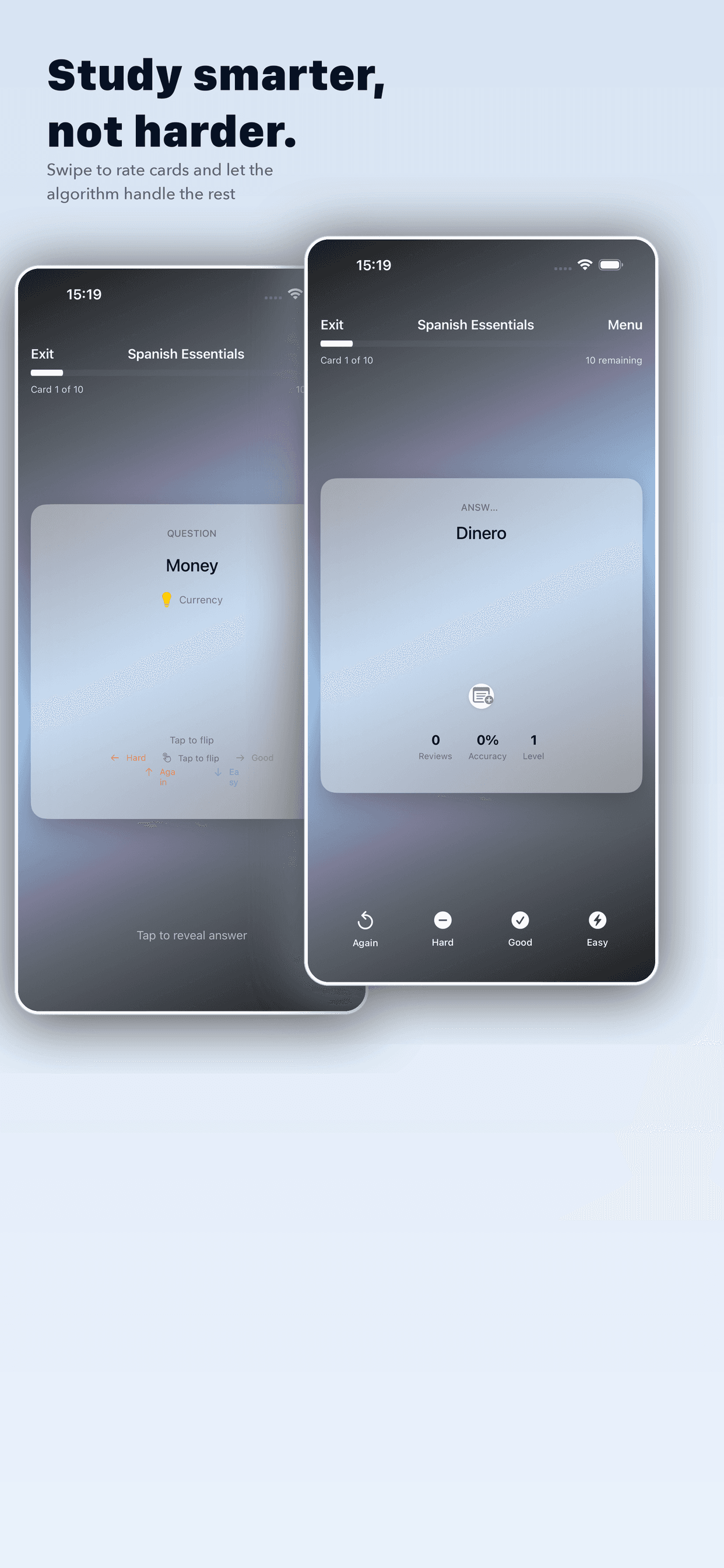 Rappelia study session showing flashcard review with question and answer sides