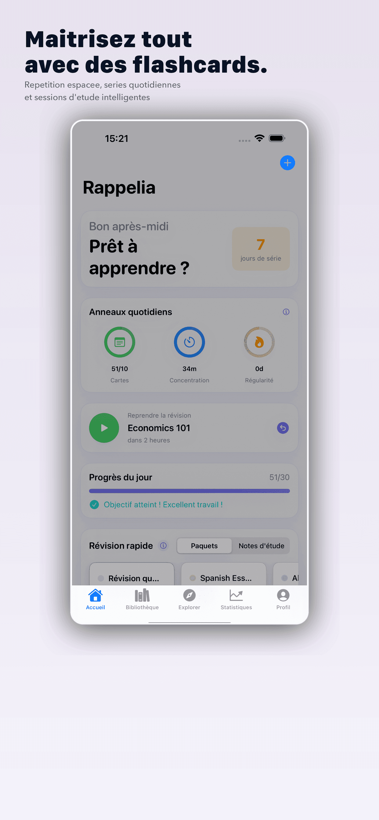 Rappelia home dashboard showing daily rings, study streak, and quick review decks