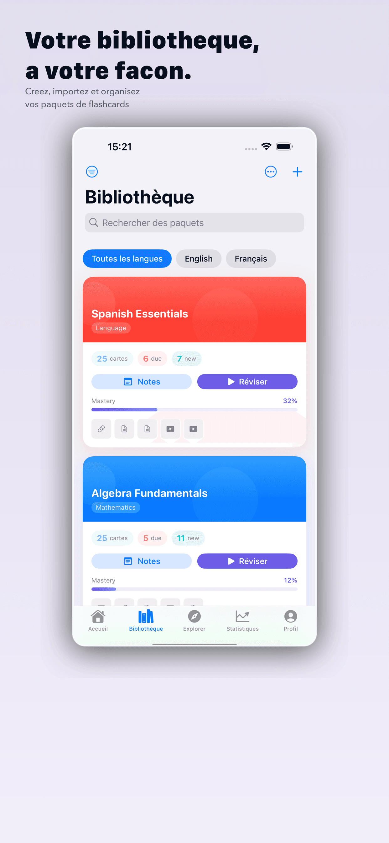 Rappelia library showing colorful flashcard decks with mastery progress