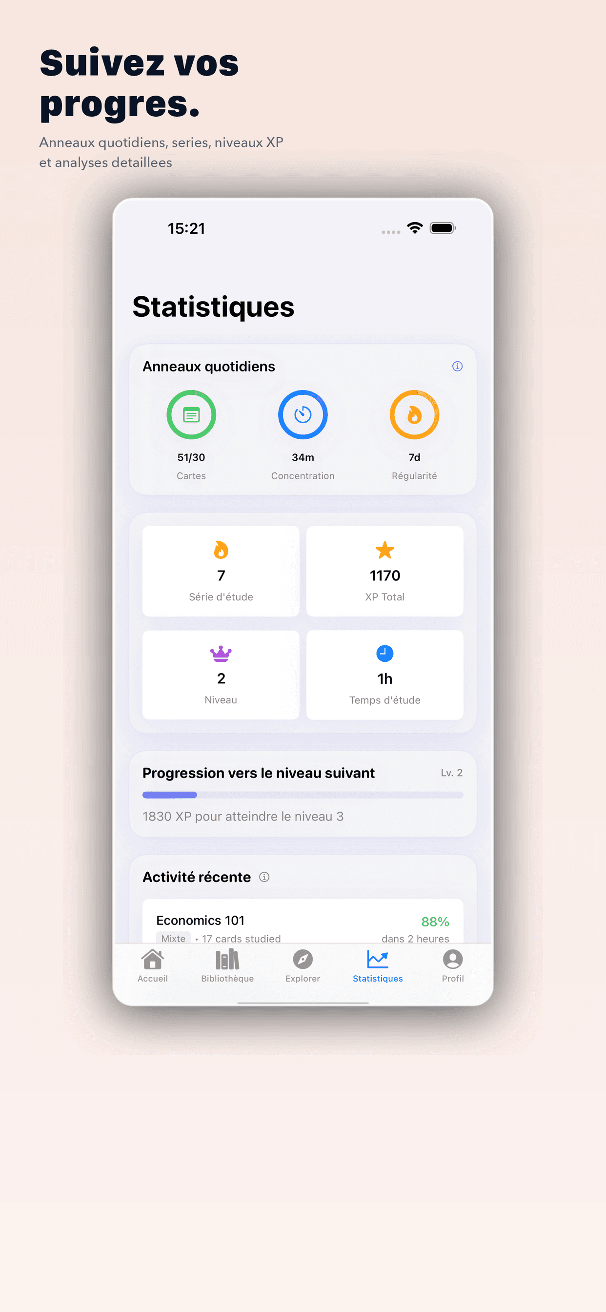 Rappelia statistics showing daily rings, XP, study streak, and level progress