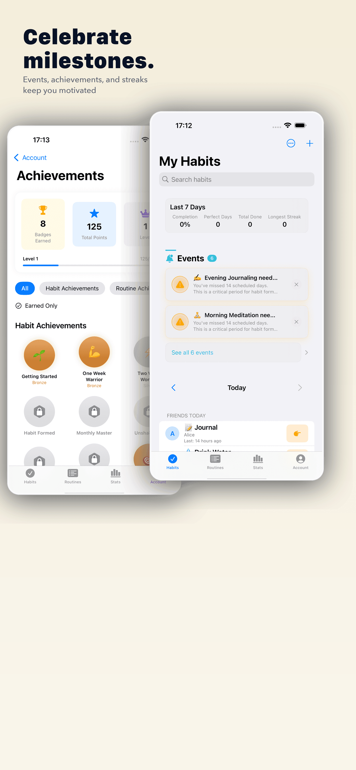 Vestig achievements screen showing earned badges and habit milestones alongside the events timeline