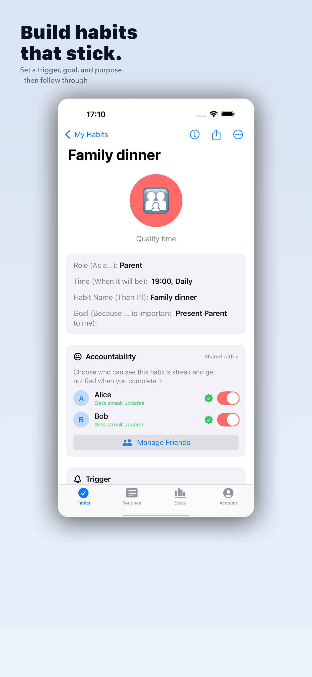 Vestig habit detail showing identity roles and accountability partners