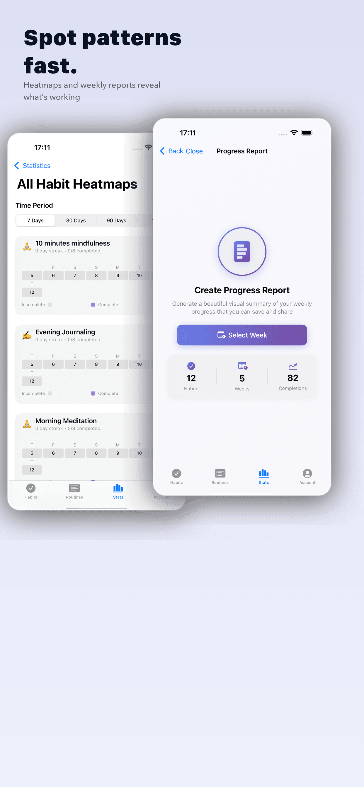 Vestig statistics showing habit heatmaps across multiple habits and a weekly progress report generator