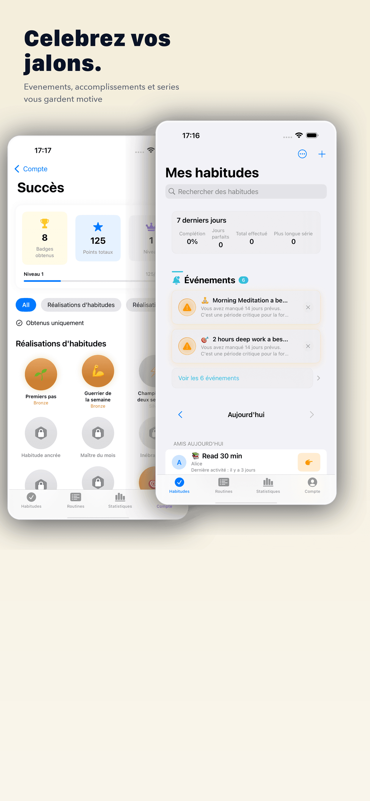 Ecran des badges Vestig avec les reussites et la chronologie des evenements
