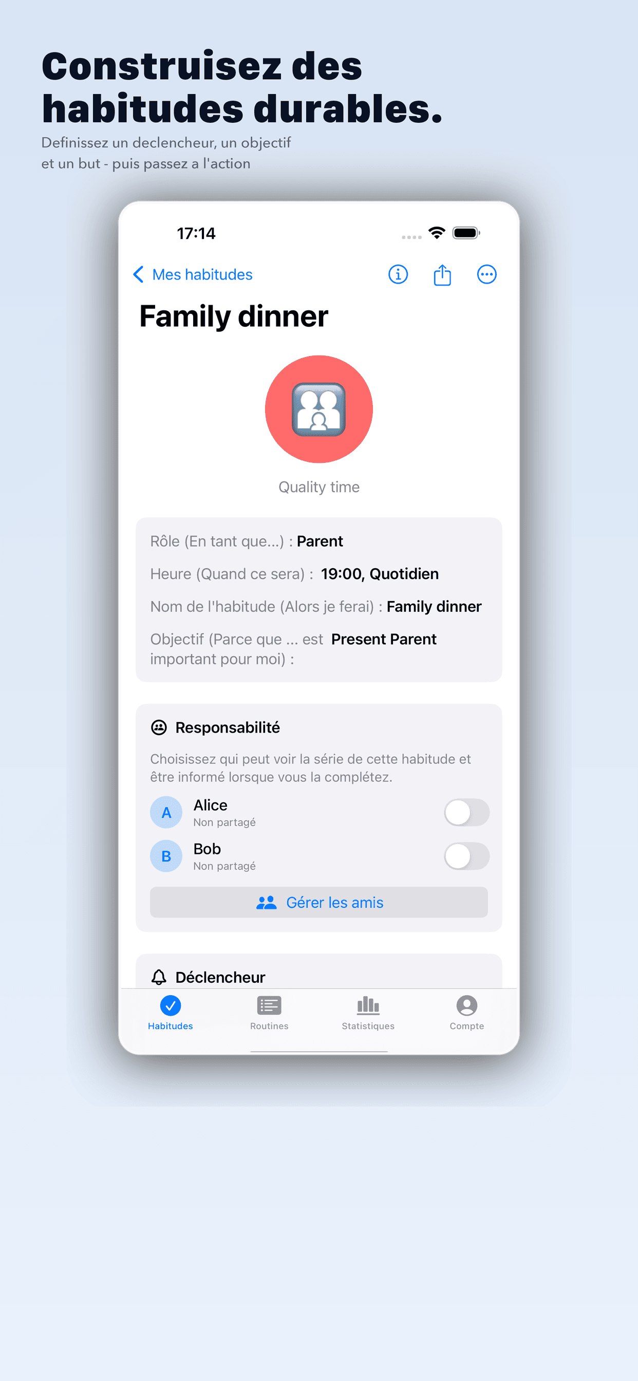 Vestig habit detail showing identity roles and accountability partners