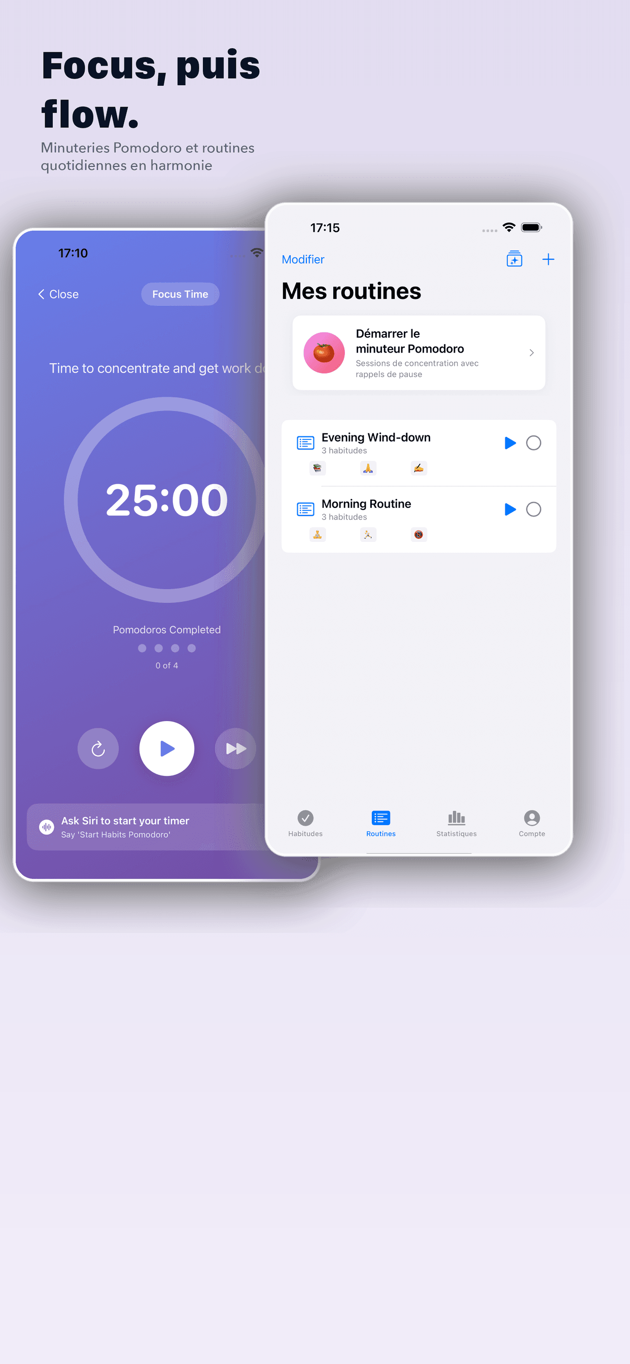 Minuteur Pomodoro Vestig a 25 minutes avec la liste des routines matinales et du soir