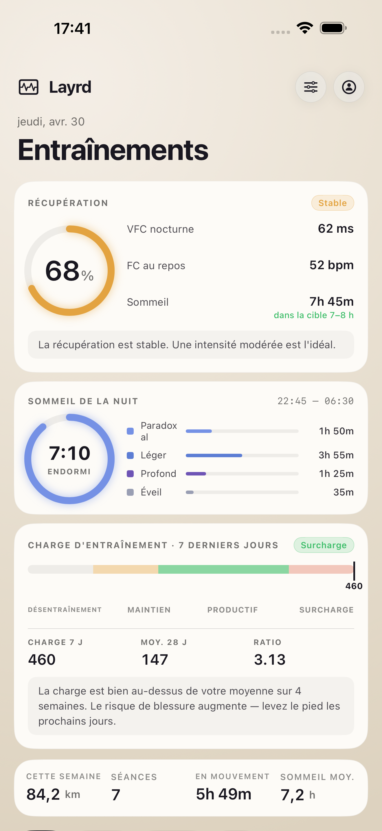 Écran d'accueil de Layrd avec score cardio et charge d'entraînement