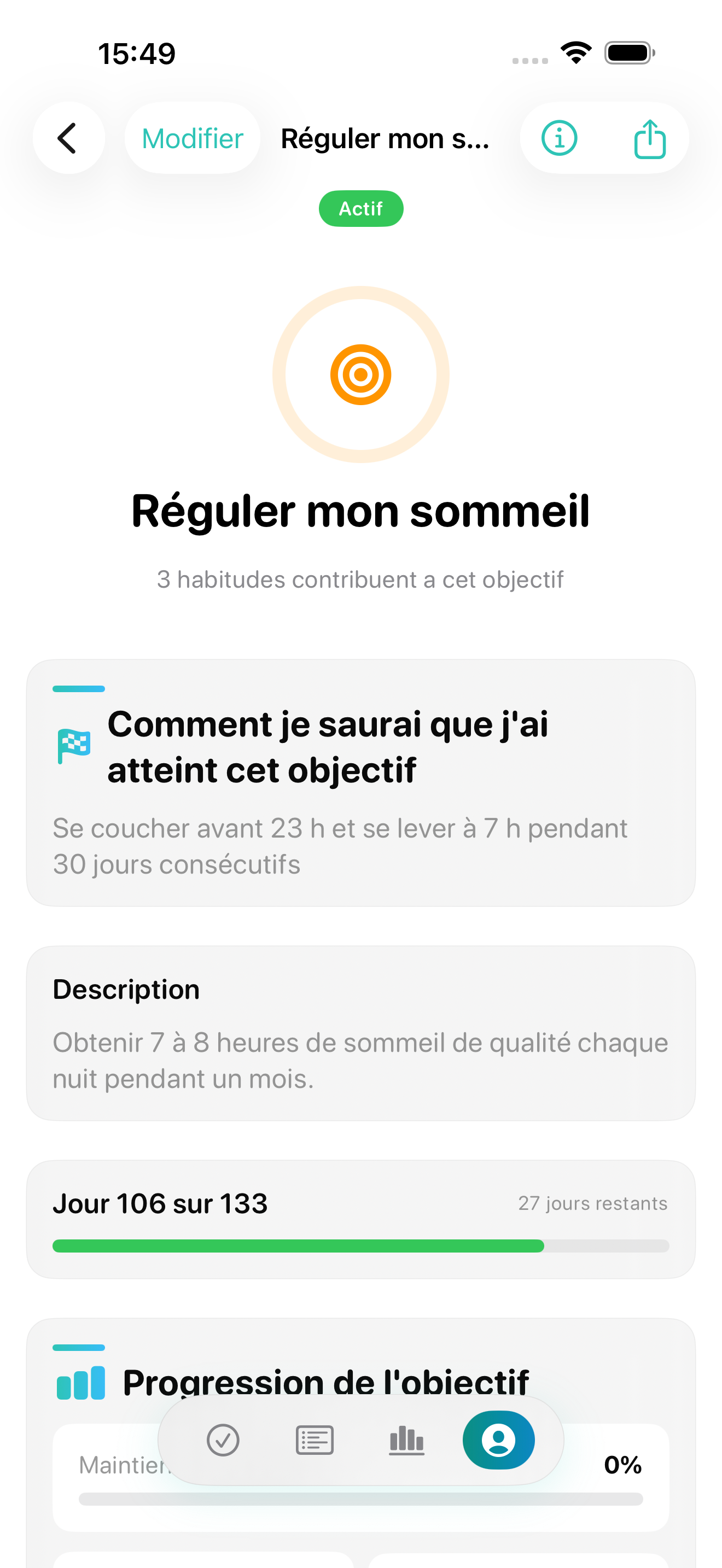 Détail d'objectif Vestig avec progression et habitudes