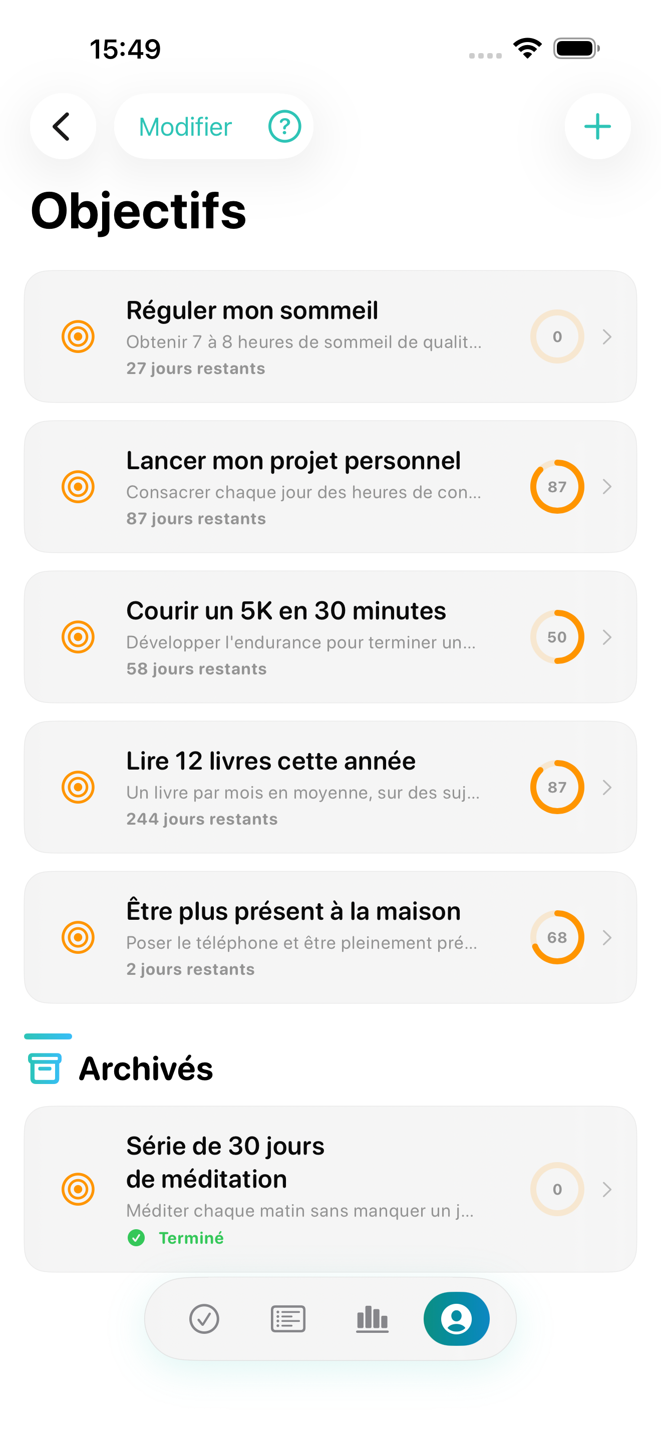 Liste d'objectifs Vestig avec progression