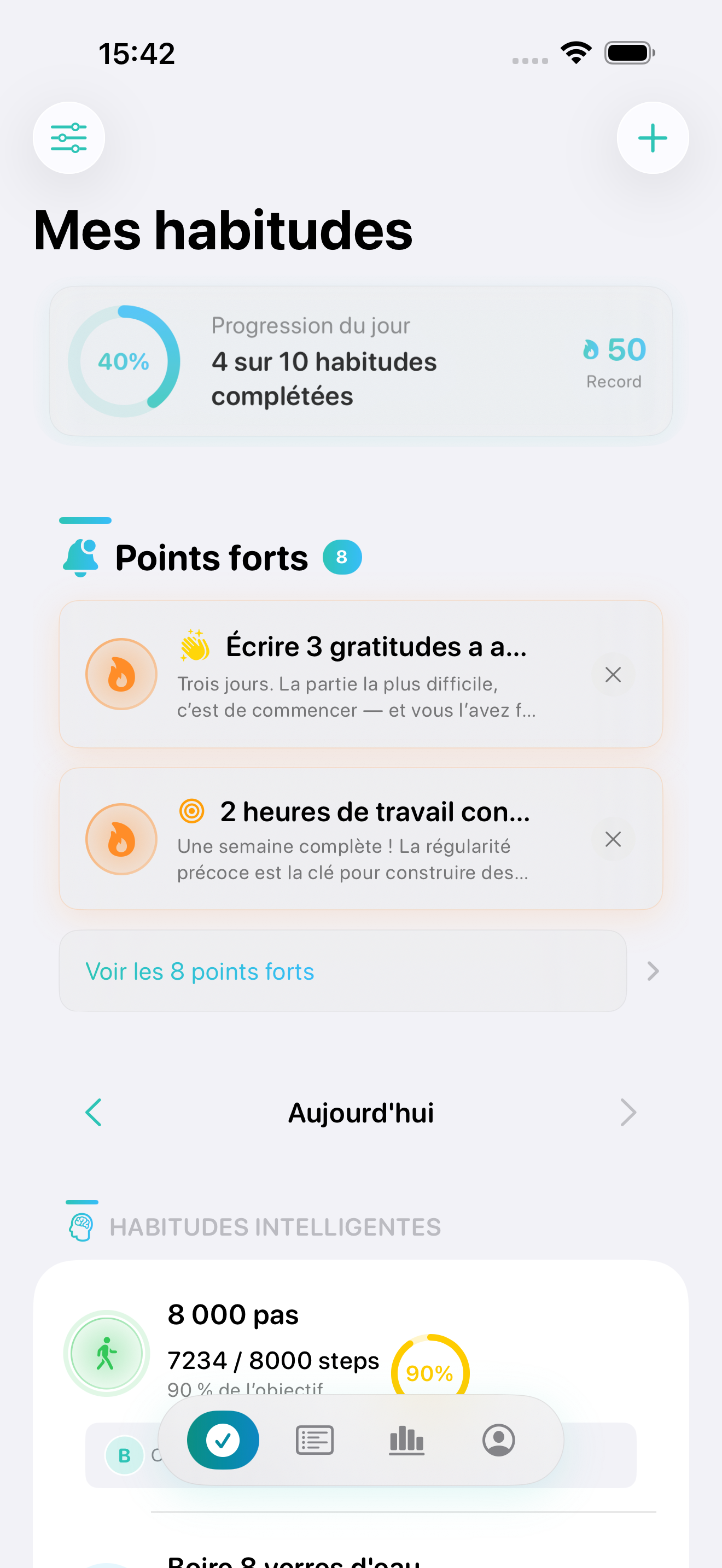 Écran Aujourd'hui de Vestig avec habitudes intelligentes et habitudes à briser